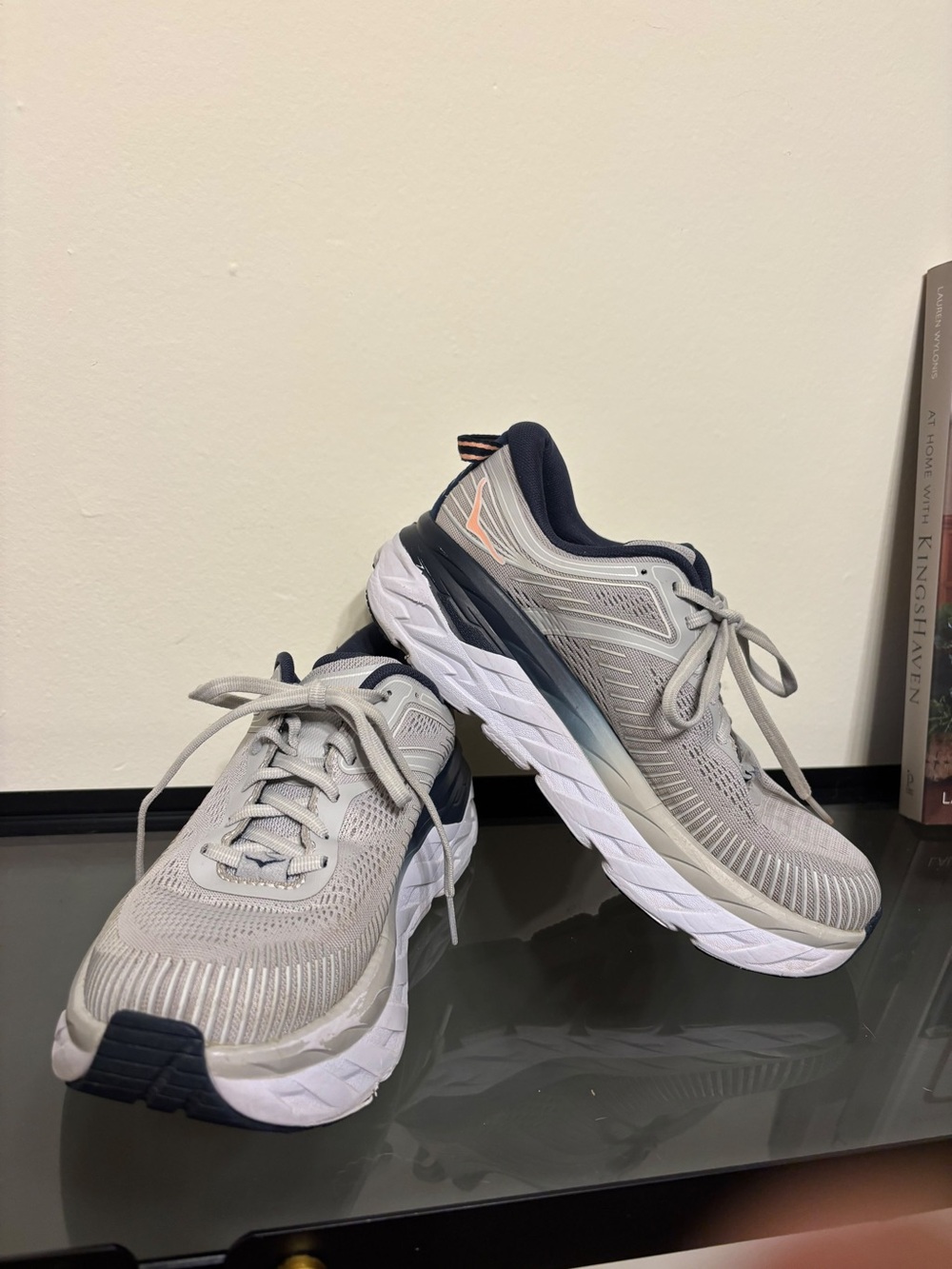 Hoka One One Women's Light Gray and Navy Running Shoes with Peach Accent